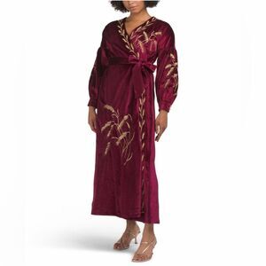 Dalia MacPhee Burgundy Gold Wrap Tie Embroidered Velvet Maxi Dress M NWT